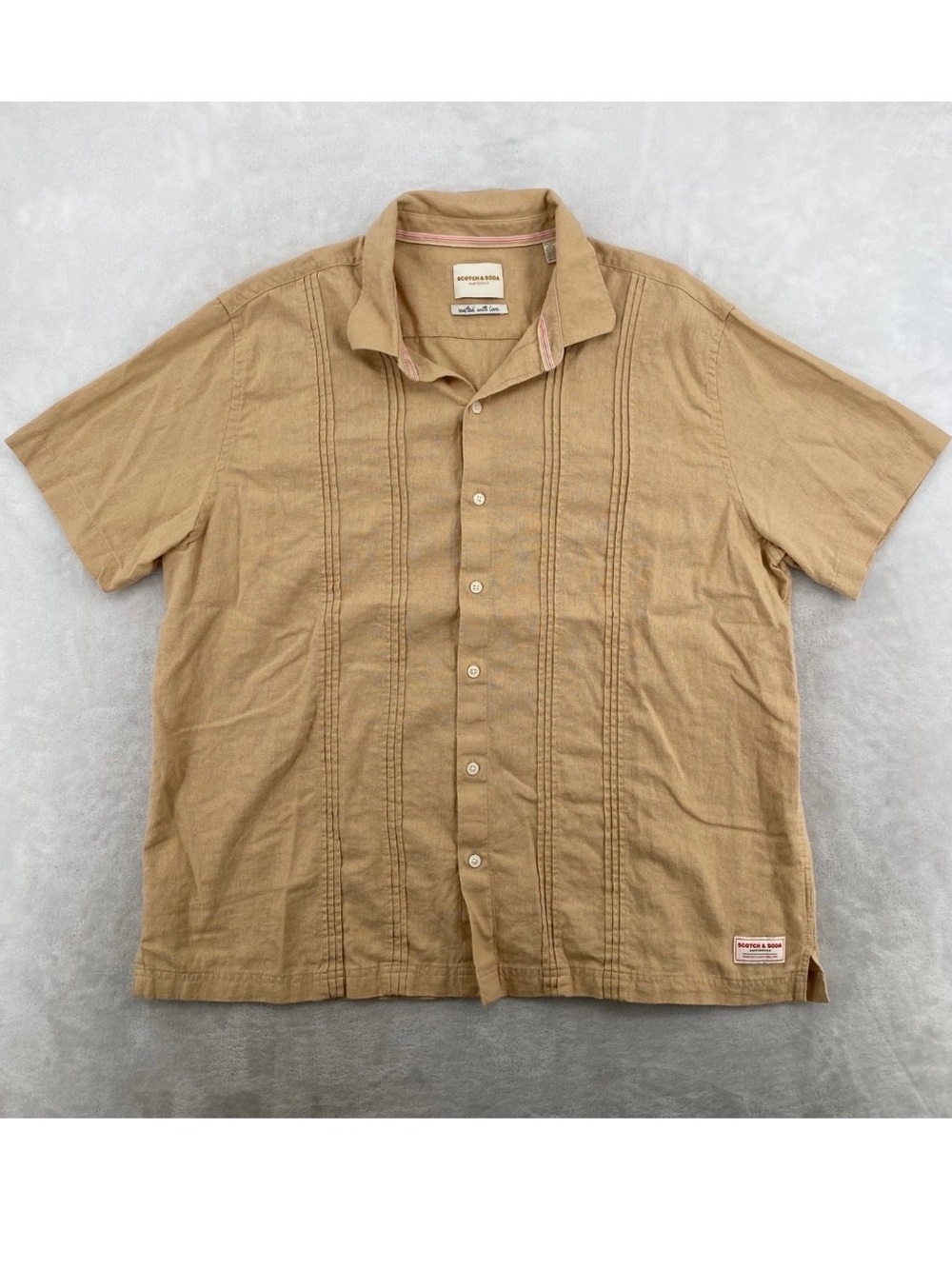 Scotch & Soda Tan Short-Sleeve Button-Down Shirt Linen Blend XL